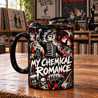 My Chemical Romance Black Ceramic Coffee Mug - Iconic Emo Rock Collage Art Cup & Vintage Music Merch Gift for Fans