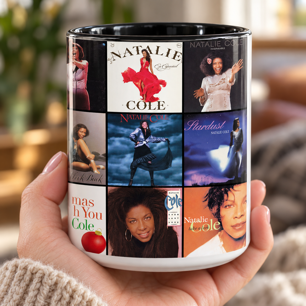 Natalie Cole Black Two-Tone Accent Coffee Mug - Classic Band Album Covers Collage Mug