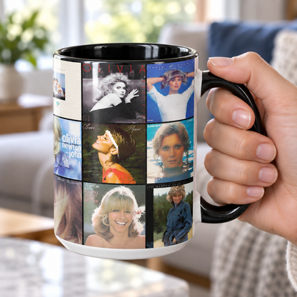 Olivia Newton-John Black Two-Tone Accent Coffee Mug - Classic Band Album Covers Collage Mug