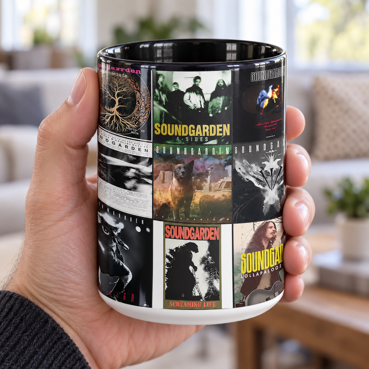 Soundgarden Black Two-Tone Accent Coffee Mug - Classic Band Album Covers Collage Mug