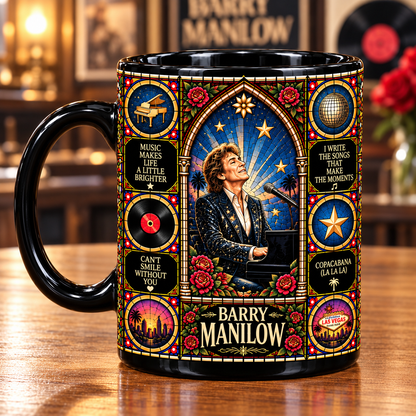 Barry Manilow Stained Glass Ceramic Coffee Mug - Copacabana & Piano Cup - Classic Pop Music Fan Unique Gift Idea