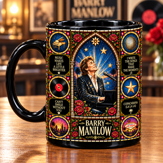 Barry Manilow Stained Glass Ceramic Coffee Mug - Copacabana & Piano Cup - Classic Pop Music Fan Unique Gift Idea