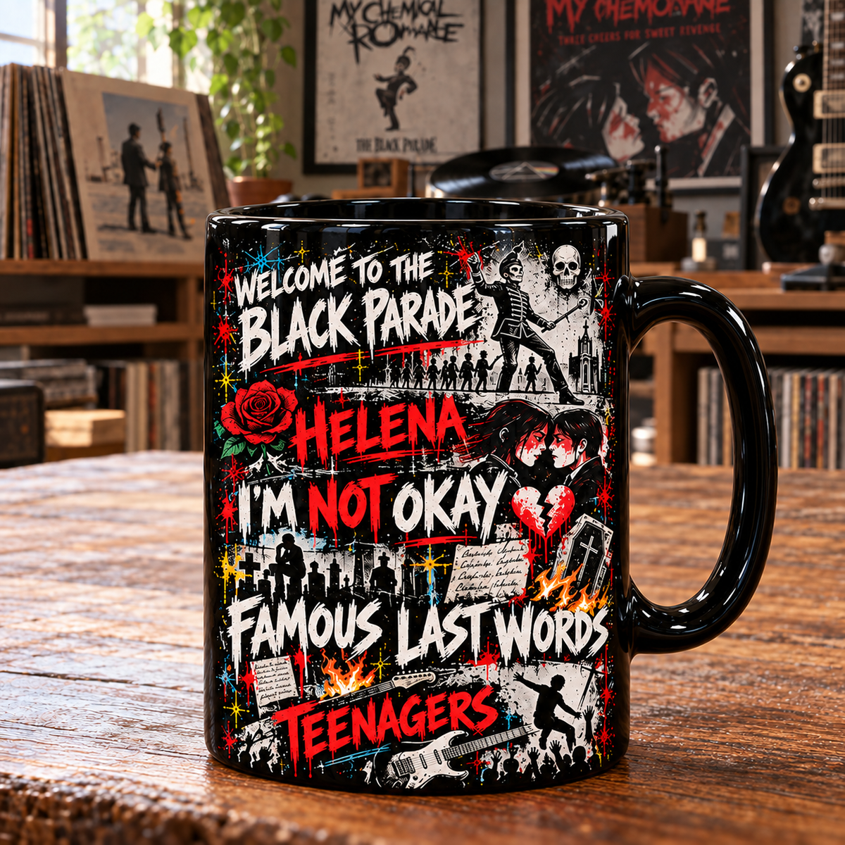 My Chemical Romance Black Ceramic Coffee Mug - Iconic Emo Rock Collage Art Cup & Vintage Music Merch Gift for Fans