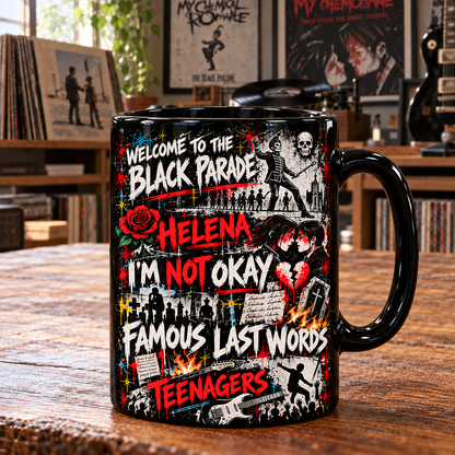 My Chemical Romance Black Ceramic Coffee Mug - Iconic Emo Rock Collage Art Cup & Vintage Music Merch Gift for Fans