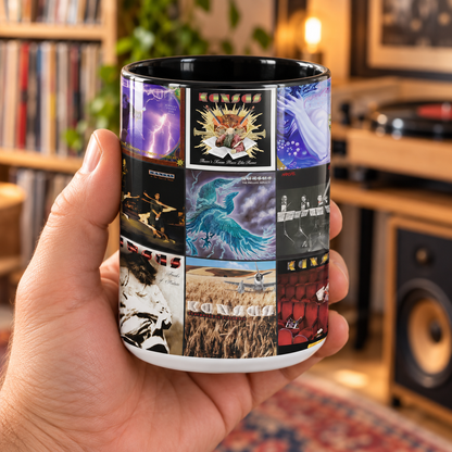 Kansas Black Two-Tone Accent Coffee Mug - Classic Rock Band Album Covers Collage Mug