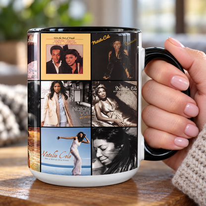 Natalie Cole Black Two-Tone Accent Coffee Mug - Classic Band Album Covers Collage Mug