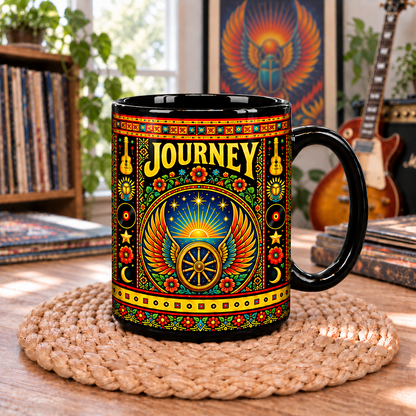Journey Band Mexican Folk Art Ceramic Coffee Mug - Winged Wheel & Scarab Sunburst Cup - Classic Rock Fan Unique Gift Idea
