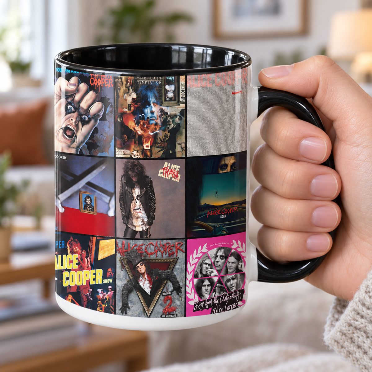Alice Cooper Black Two-Tone Accent Coffee Mug - Classic Band Album Covers Collage Mug