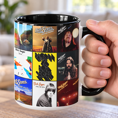 Bob Seger Black Two-Tone Accent Coffee Mug - Classic Band Album Covers Collage Mug