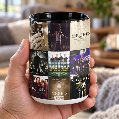 Creed Black Two-Tone Accent Coffee Mug - Classic Band Album Covers Collage Mug