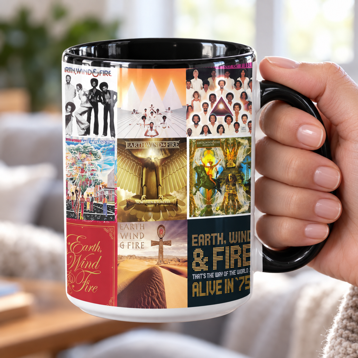 Earth, Wind & Fire Black Two-Tone Accent Coffee Mug - Classic Band Album Covers Collage Mug
