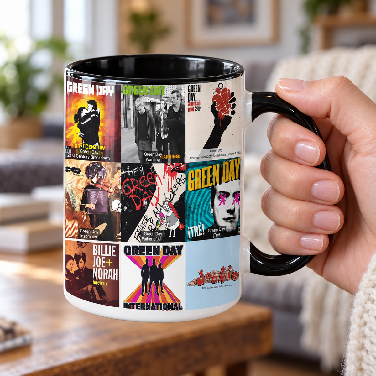 Green Day Black Two-Tone Accent Coffee Mug - Classic Band Album Covers Collage Mug