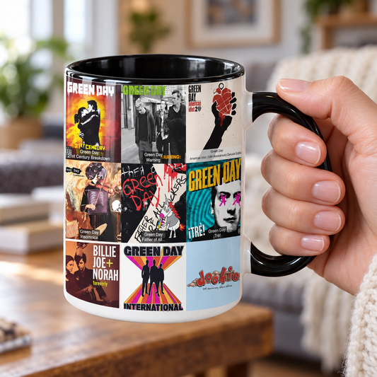 Green Day Black Two-Tone Accent Coffee Mug - Classic Band Album Covers Collage Mug