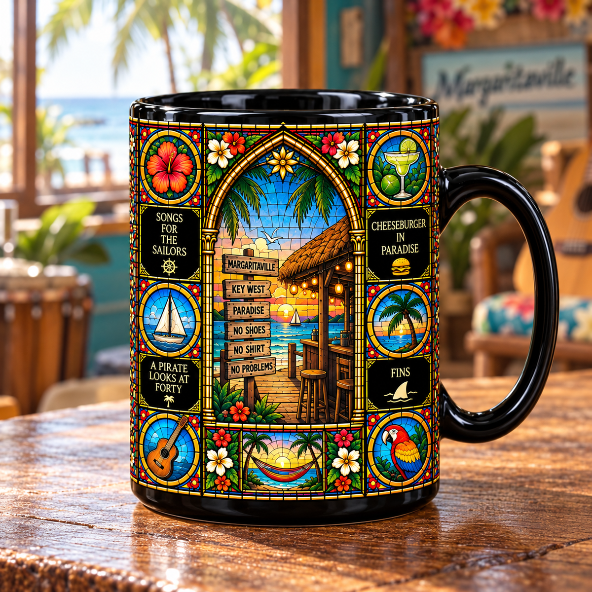 Jimmy Buffett Stained Glass Ceramic Coffee Mug - Margaritaville & Parrot Cup - Tropical Island Rock Fan Unique Gift Idea