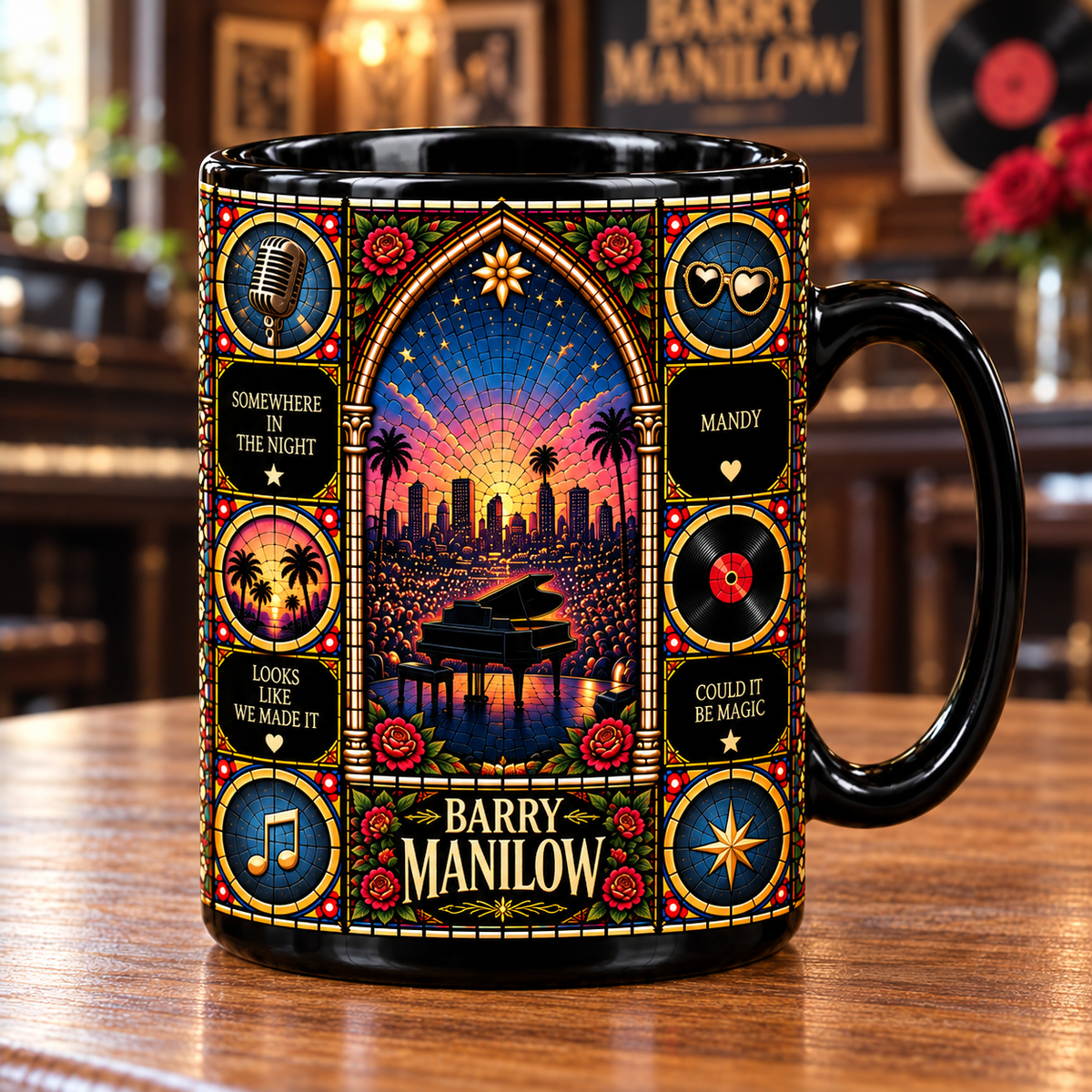 Barry Manilow Stained Glass Ceramic Coffee Mug - Copacabana & Piano Cup - Classic Pop Music Fan Unique Gift Idea