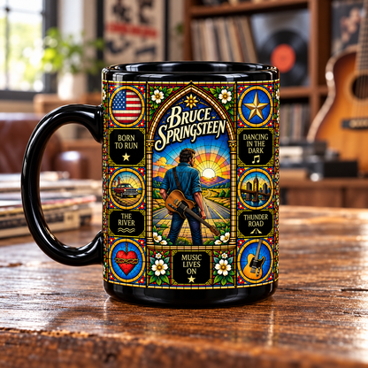 Bruce Springsteen Stained Glass Ceramic Coffee Mug - Born to Run & Guitar Cup - Heartland Rock Band Fan Unique Gift Idea