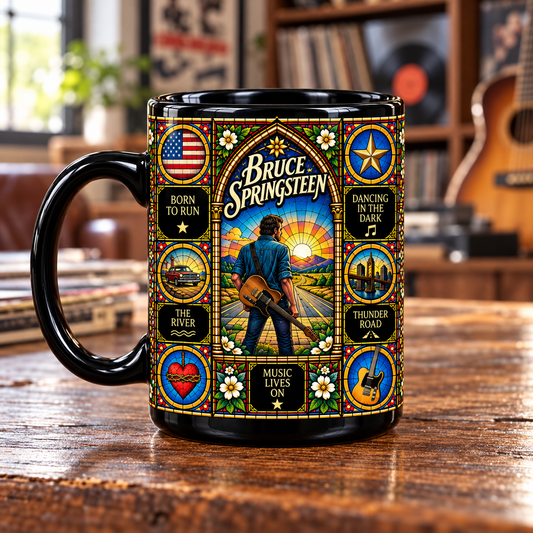 Bruce Springsteen Stained Glass Ceramic Coffee Mug - Born to Run & Guitar Cup - Heartland Rock Band Fan Unique Gift Idea