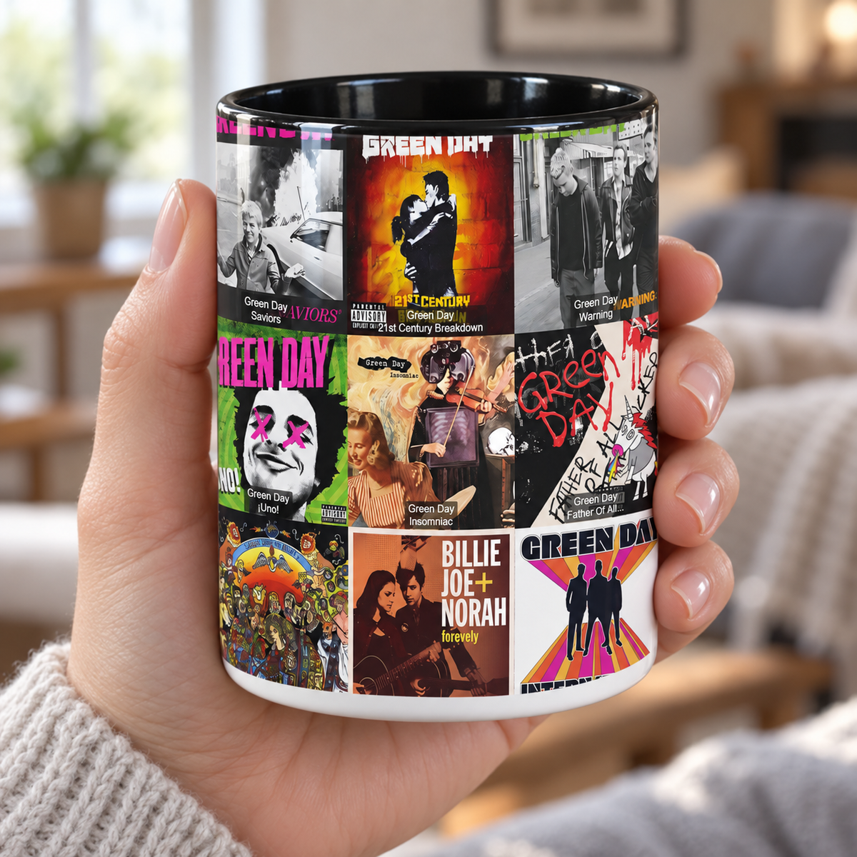 Green Day Black Two-Tone Accent Coffee Mug - Classic Band Album Covers Collage Mug