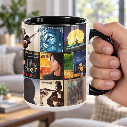 Jackson Browne Black Two-Tone Accent Coffee Mug - Classic Band Album Covers Collage Mug