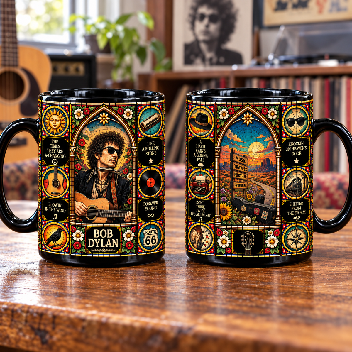 Bob Dylan Stained Glass Ceramic Coffee Mug - Acoustic Guitar & Harmonica Cup - Folk Rock Music Fan Unique Gift Idea