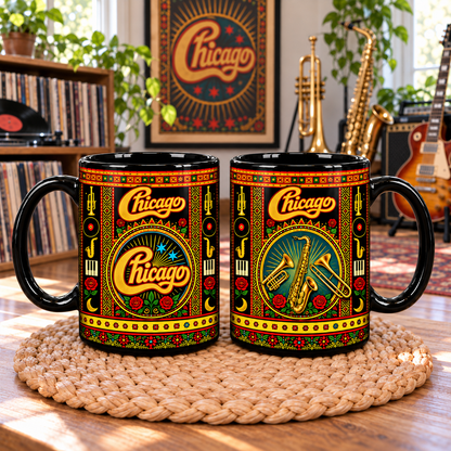 Chicago Band Mexican Folk Art Ceramic Coffee Mug - Horn Section & Cursive Logo Cup - Jazz Rock Music Fan Unique Gift Idea