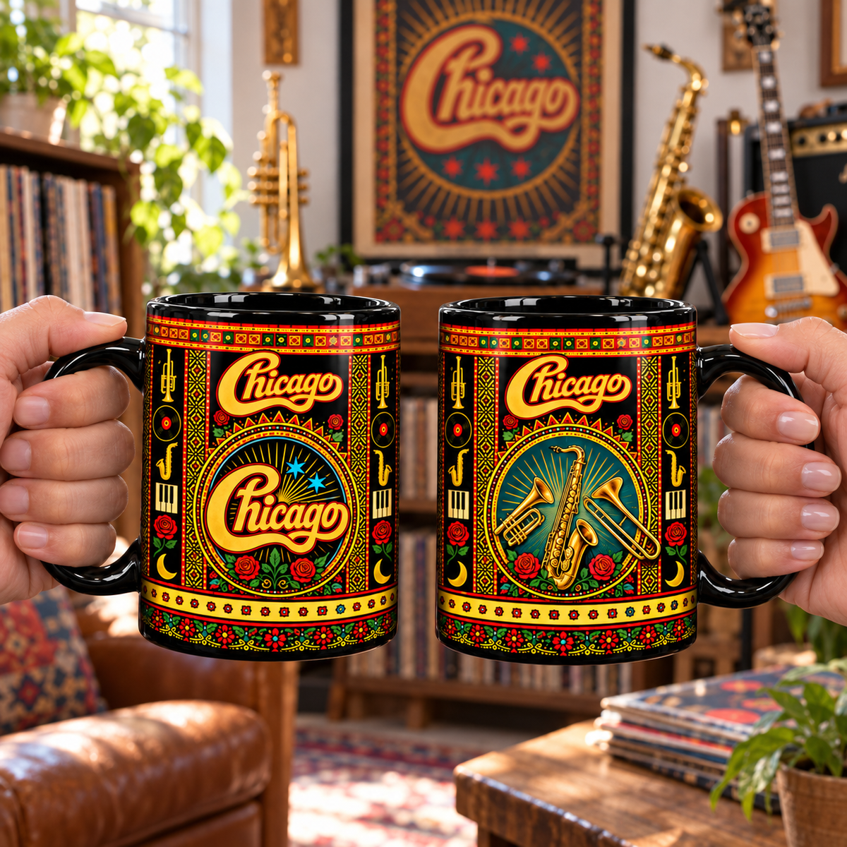 Chicago Band Mexican Folk Art Ceramic Coffee Mug - Horn Section & Cursive Logo Cup - Jazz Rock Music Fan Unique Gift Idea