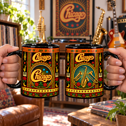 Chicago Band Mexican Folk Art Ceramic Coffee Mug - Horn Section & Cursive Logo Cup - Jazz Rock Music Fan Unique Gift Idea