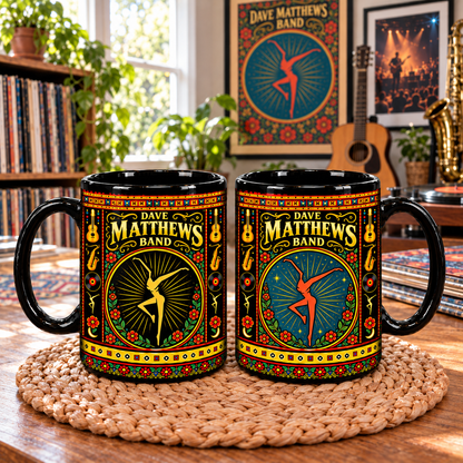 Dave Matthews Band Mexican Folk Art Ceramic Coffee Mug - Fire Dancer & Acoustic Guitar Cup - Jam Rock Fan Unique Gift Idea