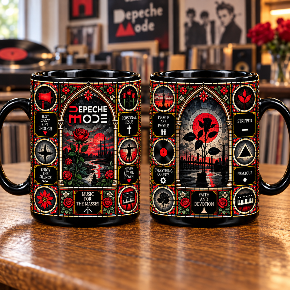Depeche Mode Stained Glass Ceramic Coffee Mug - Red Rose & Synthesizer Cup - Synth Pop Band Music Fan Unique Gift Idea