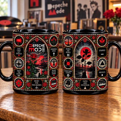 Depeche Mode Stained Glass Ceramic Coffee Mug - Red Rose & Synthesizer Cup - Synth Pop Band Music Fan Unique Gift Idea