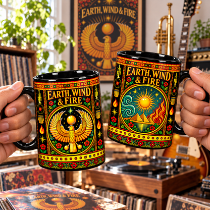 Earth Wind and Fire Mexican Folk Art Ceramic Coffee Mug - Pyramids Sun Wind Fire Cup - Funk Soul Music Fan Unique Gift Idea