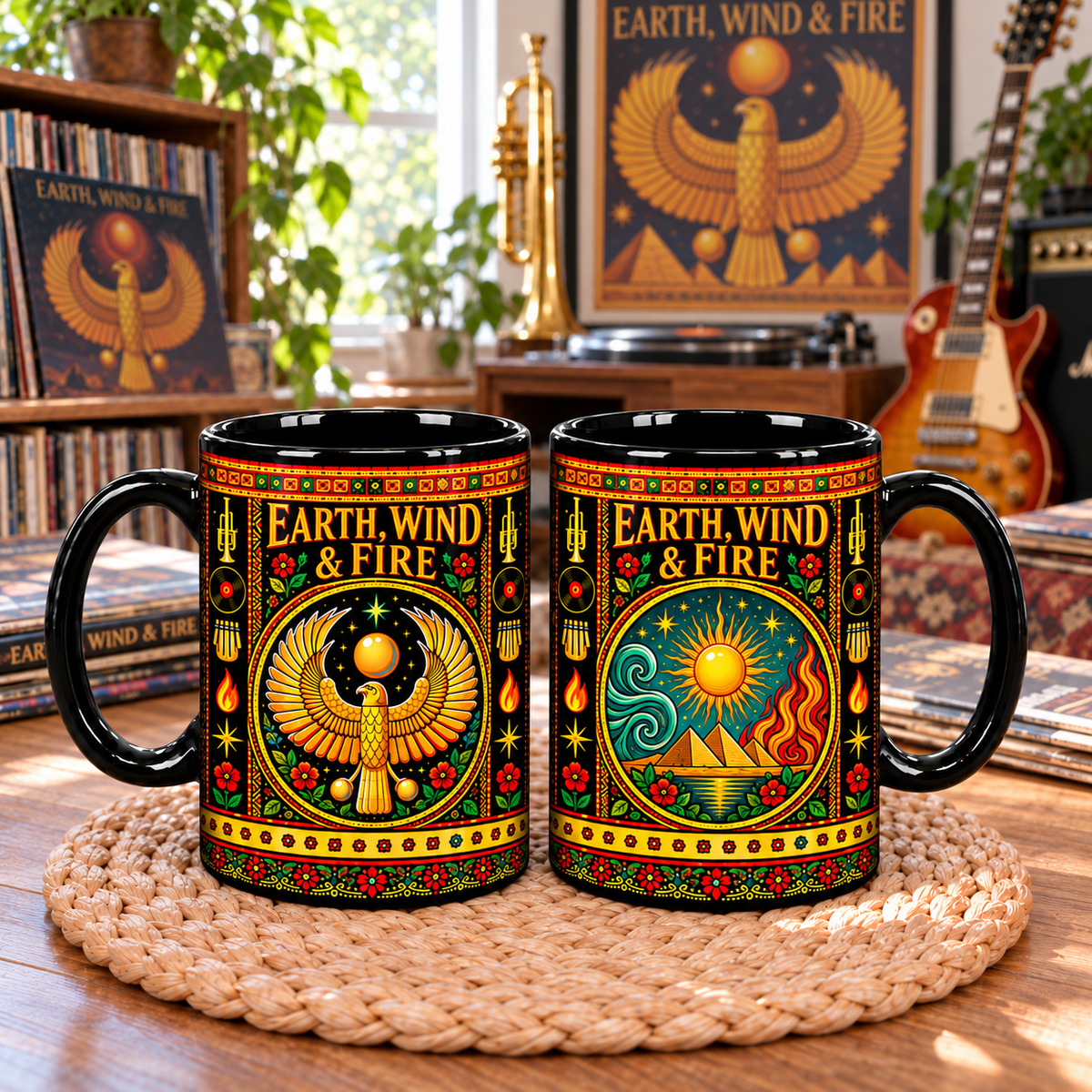 Earth Wind and Fire Mexican Folk Art Ceramic Coffee Mug - Pyramids Sun Wind Fire Cup - Funk Soul Music Fan Unique Gift Idea