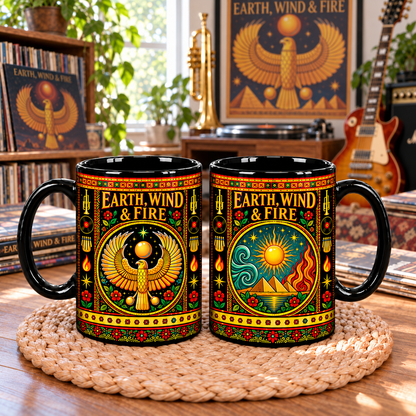 Earth Wind and Fire Mexican Folk Art Ceramic Coffee Mug - Pyramids Sun Wind Fire Cup - Funk Soul Music Fan Unique Gift Idea