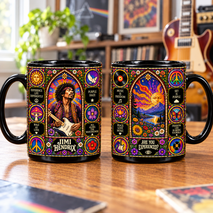 Jimi Hendrix Stained Glass Ceramic Coffee Mug - Stratocaster Guitar & Peace Cup - Psych Rock Band Fan Unique Gift Idea