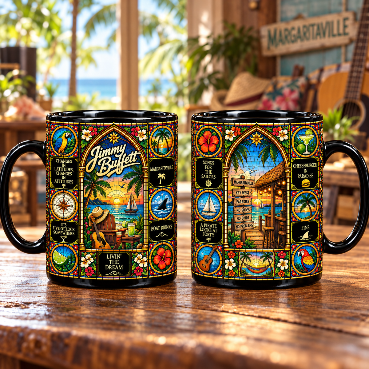 Jimmy Buffett Stained Glass Ceramic Coffee Mug - Margaritaville & Parrot Cup - Tropical Island Rock Fan Unique Gift Idea