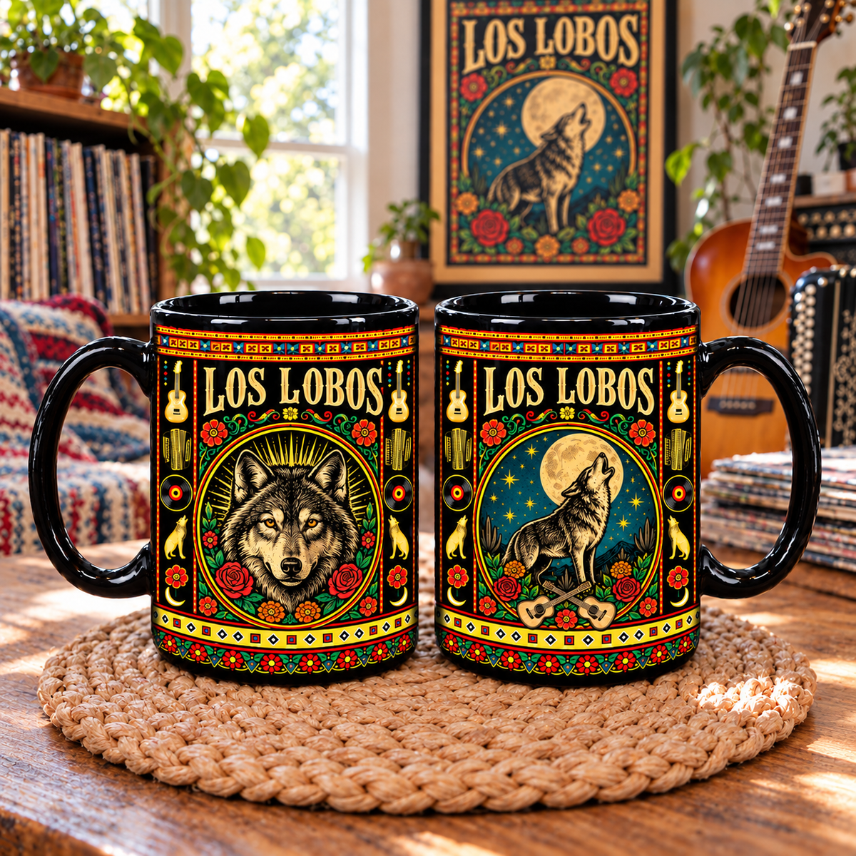 Los Lobos Mexican Folk Art Ceramic Coffee Mug - Howling Wolf Mascot & Accordion Cup - Chicano Rock Fan Unique Gift Idea