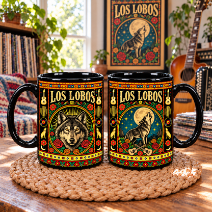 Los Lobos Mexican Folk Art Ceramic Coffee Mug - Howling Wolf Mascot & Accordion Cup - Chicano Rock Fan Unique Gift Idea