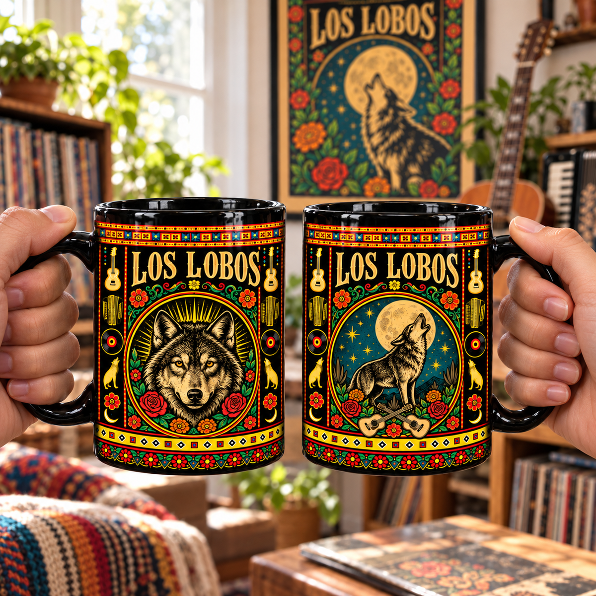 Los Lobos Mexican Folk Art Ceramic Coffee Mug - Howling Wolf Mascot & Accordion Cup - Chicano Rock Fan Unique Gift Idea