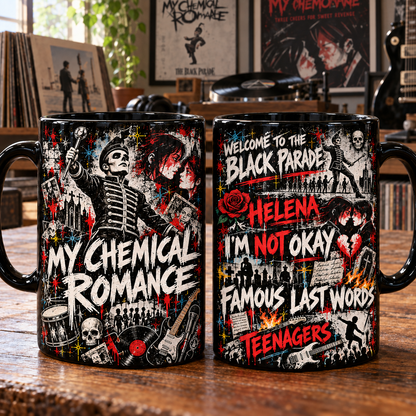 My Chemical Romance Black Ceramic Coffee Mug - Iconic Emo Rock Collage Art Cup & Vintage Music Merch Gift for Fans