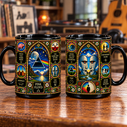 Pink Floyd Stained Glass Ceramic Coffee Mug - Dark Side Prism & Wall Hammers Cup - Prog Rock Band Fan Unique Gift Idea