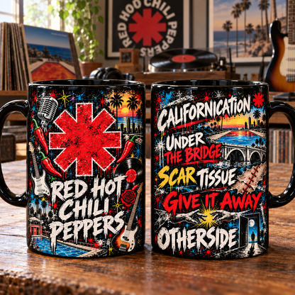 Red Hot Chili Peppers Black Ceramic Coffee Mug - Asterisk Logo & Hits Graffiti Art Cup - Funk Rock Band Merch Fan Gift