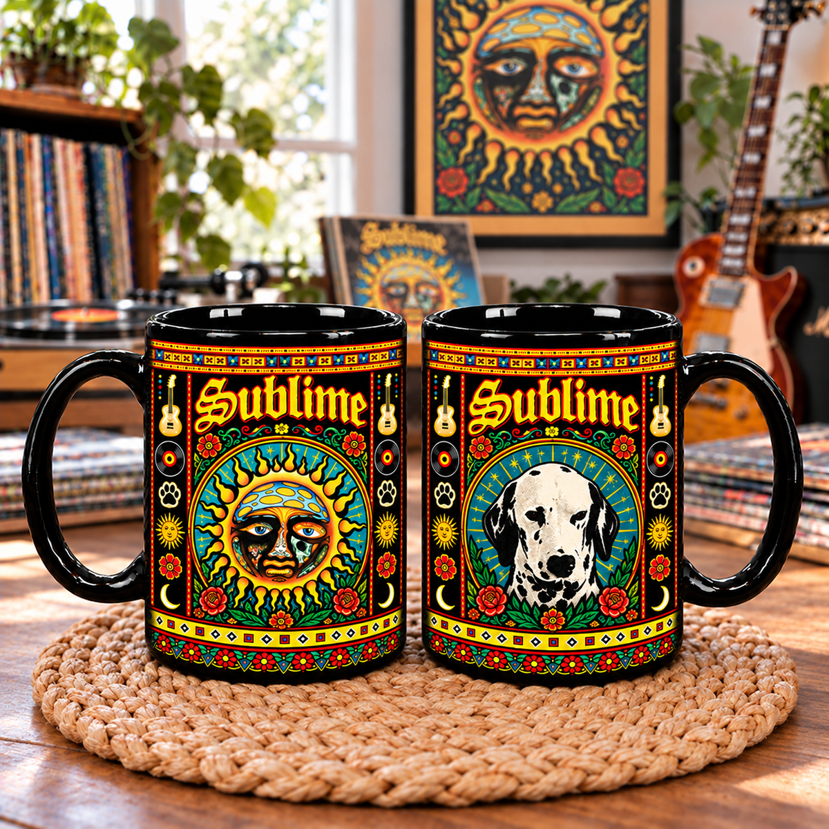 Sublime Band Mexican Folk Art Ceramic Coffee Mug - Sun Mascot & Acoustic Guitar Cup - Ska Punk Music Fan Unique Gift Idea