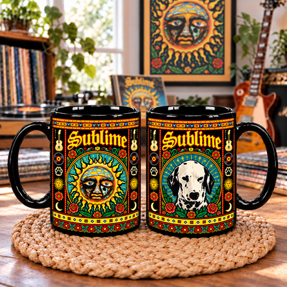 Sublime Band Mexican Folk Art Ceramic Coffee Mug - Sun Mascot & Acoustic Guitar Cup - Ska Punk Music Fan Unique Gift Idea