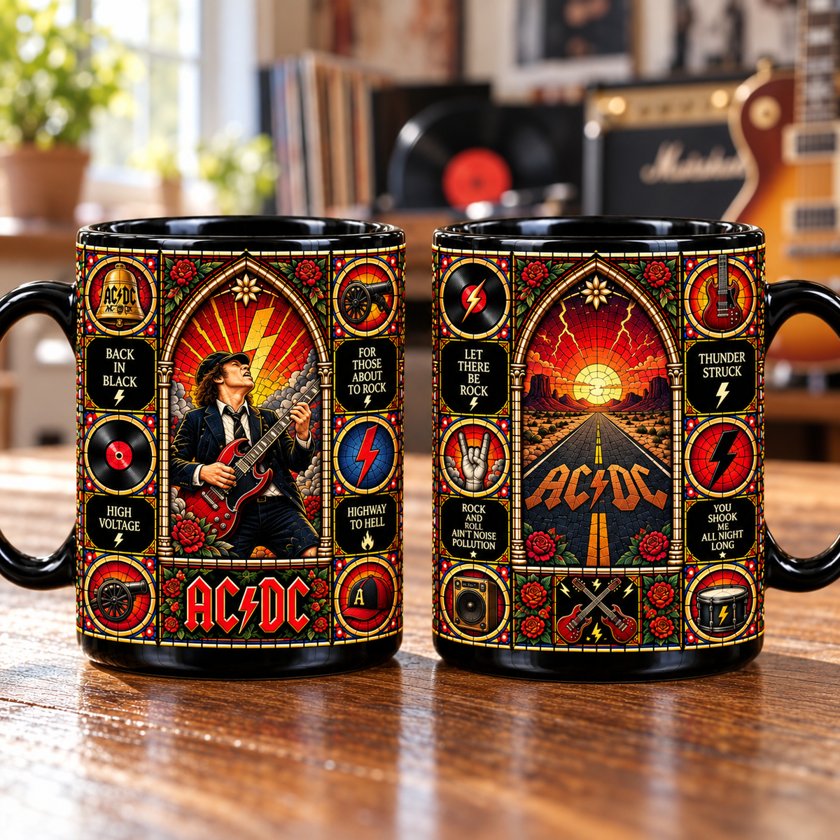 AC/DC Stained Glass Ceramic Coffee Mug - Angus Young & Hell's Bells Cup - Hard Rock Band Music Fan Unique Gift Idea