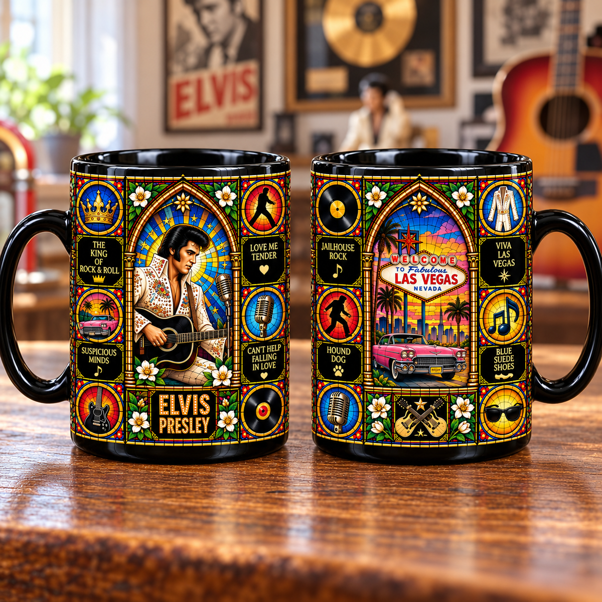 Elvis Presley Stained Glass Ceramic Coffee Mug - Pink Cadillac & Las Vegas Cup - Rock and Roll King Fan Unique Gift Idea