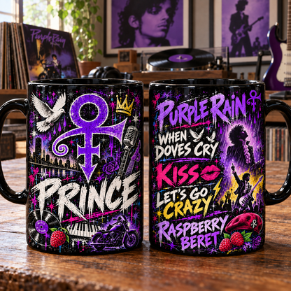 Prince Purple Rain Black Ceramic Coffee Mug - Love Symbol & Classic Hits Graffiti Art Cup - Funk Rock Band Merch Fan Gift