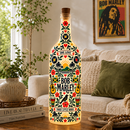 Bob Marley Nordic Folk Art Bottle Lamp – One Love Reggae LED Light, Scandinavian Style Decorative Bottle, Jamaican Music Home Decor, Unique Gift for Fans