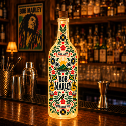 Bob Marley Nordic Folk Art Bottle Lamp – One Love Reggae LED Light, Scandinavian Style Decorative Bottle, Jamaican Music Home Decor, Unique Gift for Fans