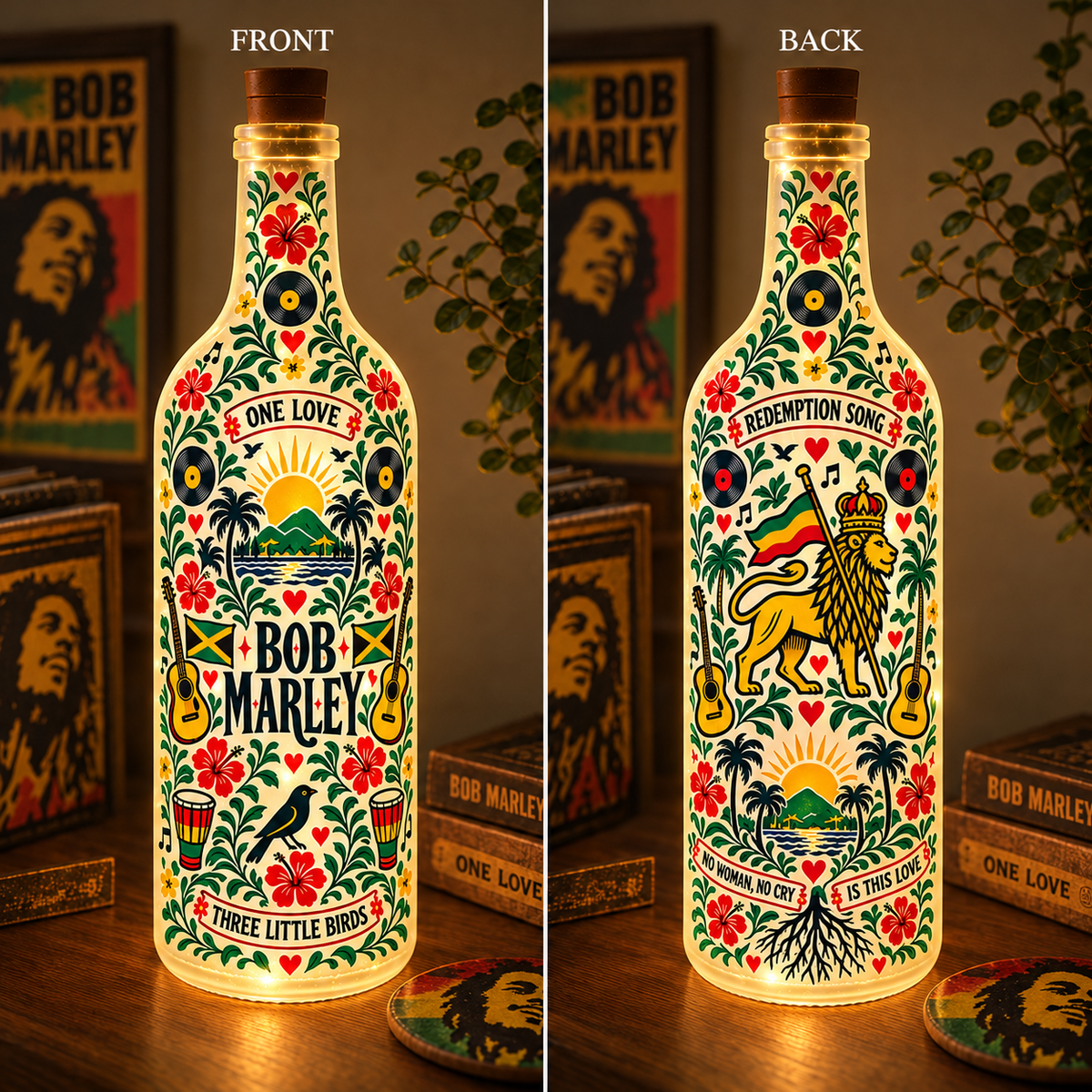 Bob Marley Nordic Folk Art Bottle Lamp – One Love Reggae LED Light, Scandinavian Style Decorative Bottle, Jamaican Music Home Decor, Unique Gift for Fans