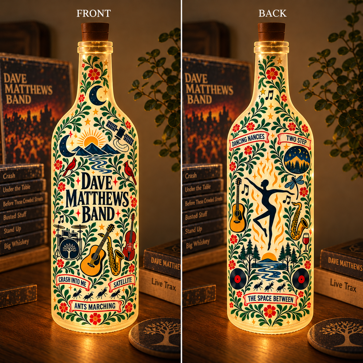 Dave Matthews Band Nordic Folk Art Bottle Lamp – DMB Double-Sided LED Light, Scandinavian Floral Music Decor, Unique Gift for Fans